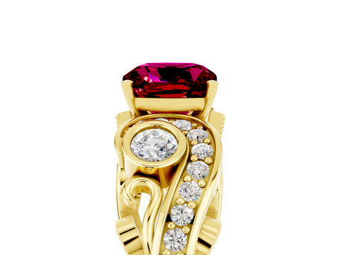 Yellow gold Cushion Cut Garnet Solitaire Ring with Milgrain Pavé Band and Four-Prong Setting_29
