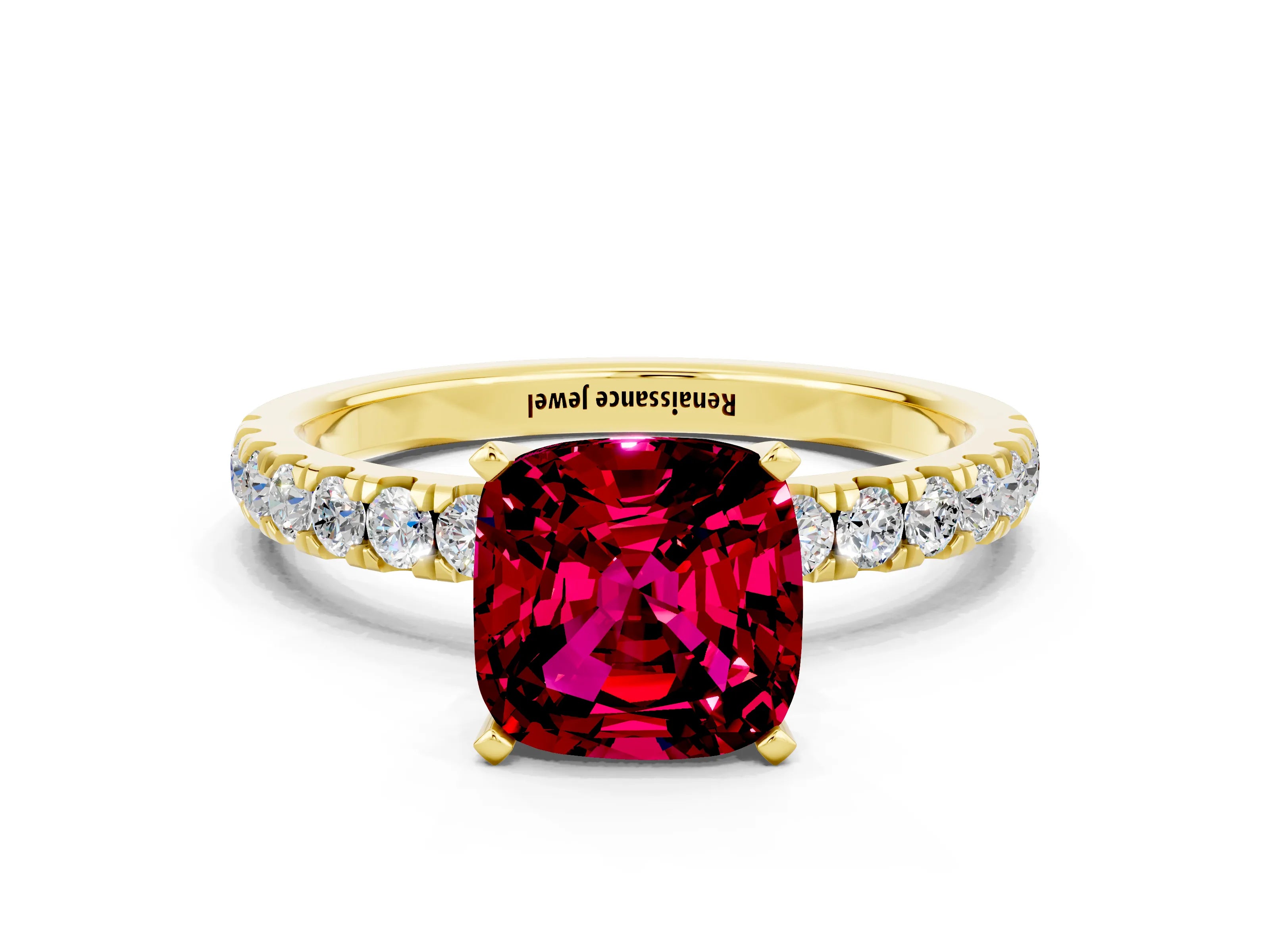 Yellow gold Cushion Cut Garnet Solitaire Ring with Pavé Accents and Four-Prong Setting