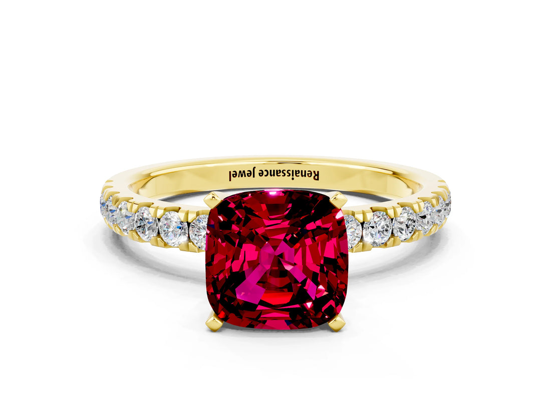 Yellow gold Cushion Cut Garnet Solitaire Ring with Pavé Accents and Four-Prong Setting