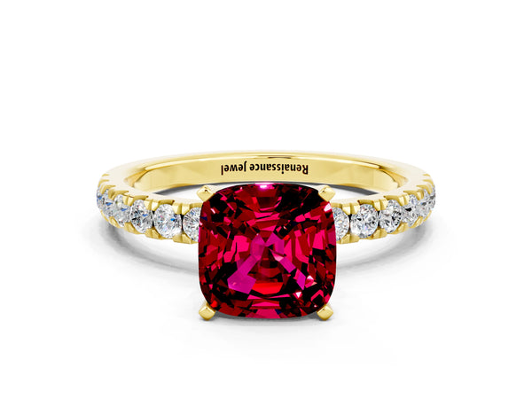 Yellow gold Cushion Cut Garnet Solitaire Ring with Pavé Accents and Four-Prong Setting