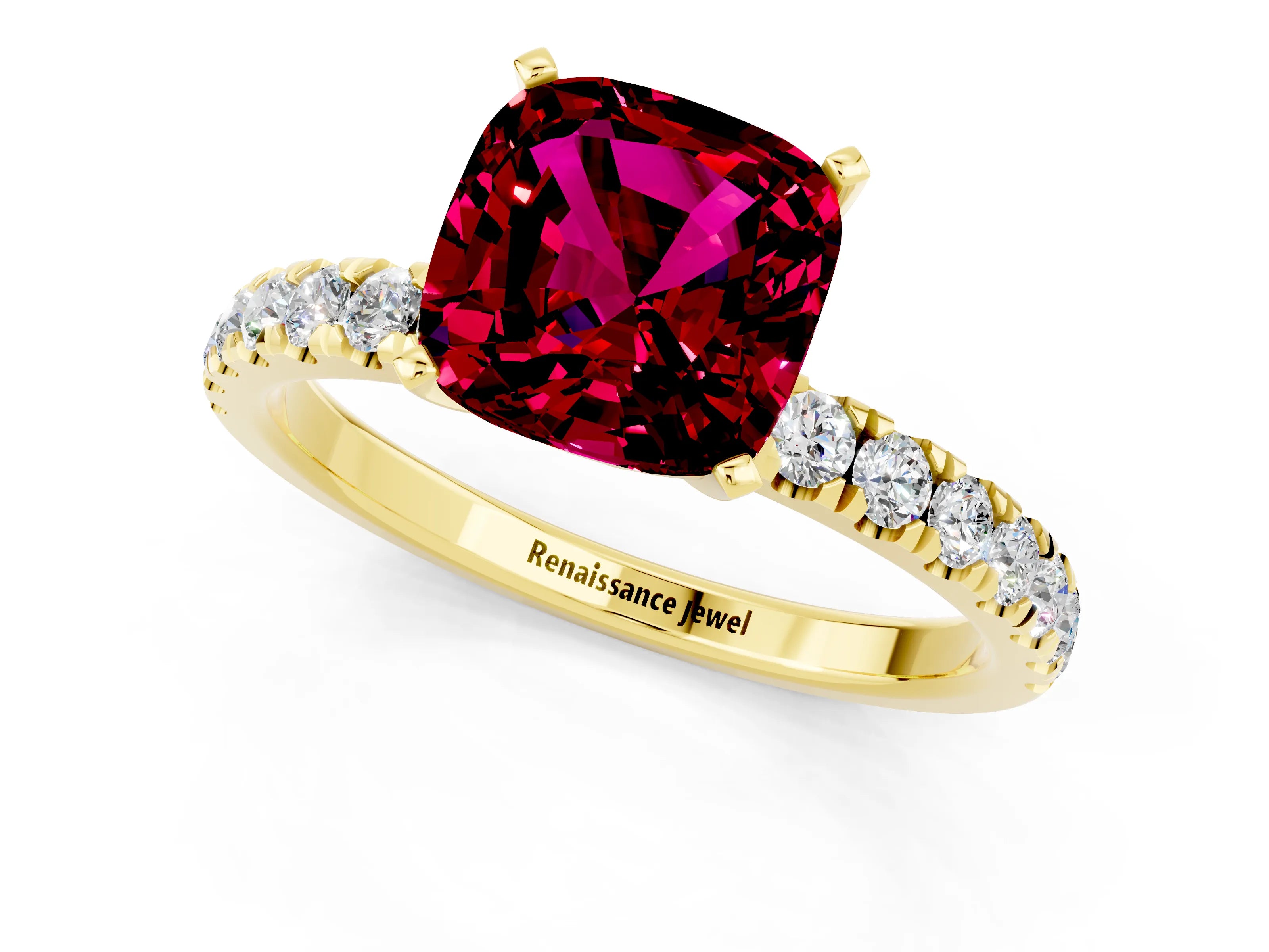Yellow gold Cushion Cut Garnet Solitaire Ring with Pavé Accents and Four-Prong Setting_1