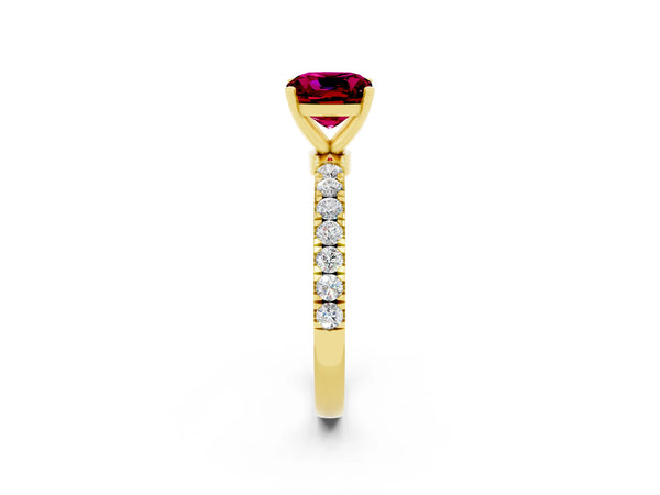 Yellow gold Cushion Cut Garnet Solitaire Ring with Pavé Accents and Four-Prong Setting