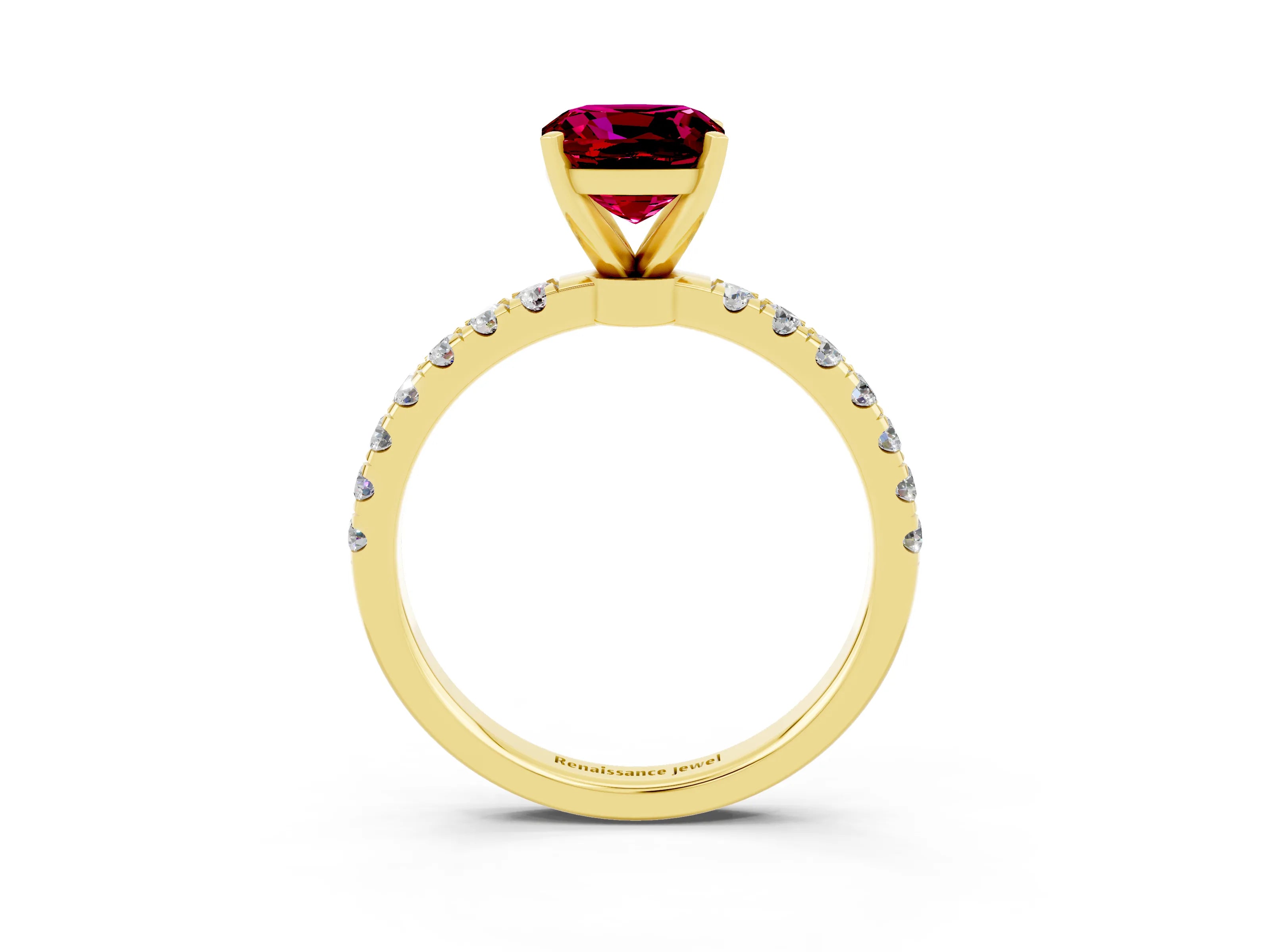 Yellow gold Cushion Cut Garnet Solitaire Ring with Pavé Accents and Four-Prong Setting_3