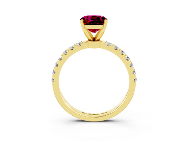 Yellow gold Cushion Cut Garnet Solitaire Ring with Pavé Accents and Four-Prong Setting