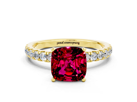 Yellow gold Cushion Cut Garnet Solitaire Ring with Pavé Accents and Four-Prong Setting