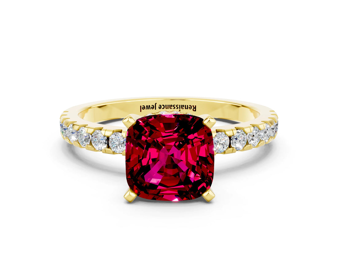 Yellow gold Cushion Cut Garnet Solitaire Ring with Pavé Band and Four-Prong Setting_24