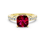 Yellow gold Cushion Cut Garnet Solitaire Ring with Pavé Band and Four-Prong Setting_24