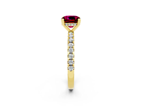 Yellow gold Cushion Cut Garnet Solitaire Ring with Round  Pavé Band and Four-Prong Setting