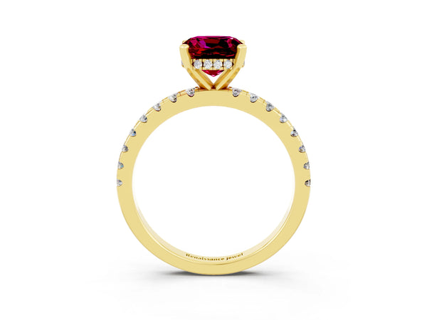 Yellow gold Cushion Cut Garnet Solitaire Ring with Round  Pavé Band and Four-Prong Setting