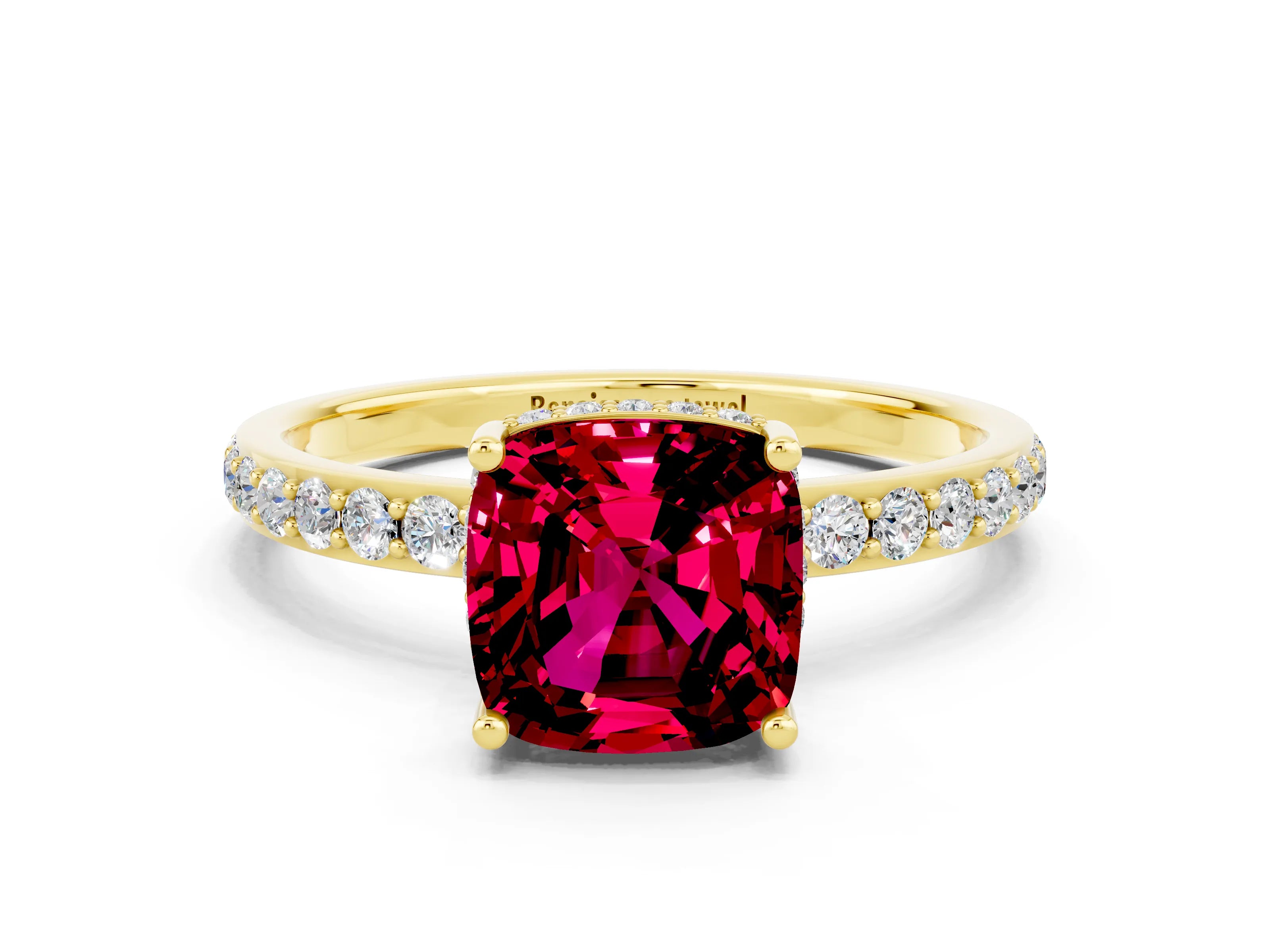 Yellow gold Cushion Cut Garnet Solitaire Ring with Pavé Band and Hidden Halo_12