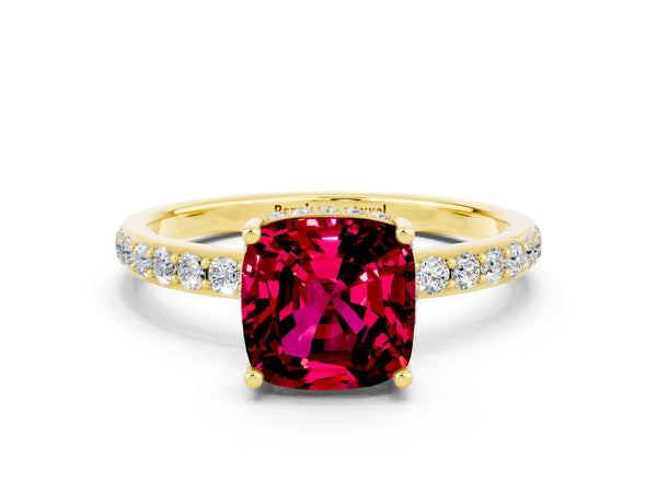 Yellow gold Cushion Cut Garnet Solitaire Ring with Pavé Band and Hidden Halo