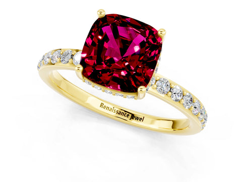 Yellow gold Cushion Cut Garnet Solitaire Ring with Pavé Band and Hidden Halo_13