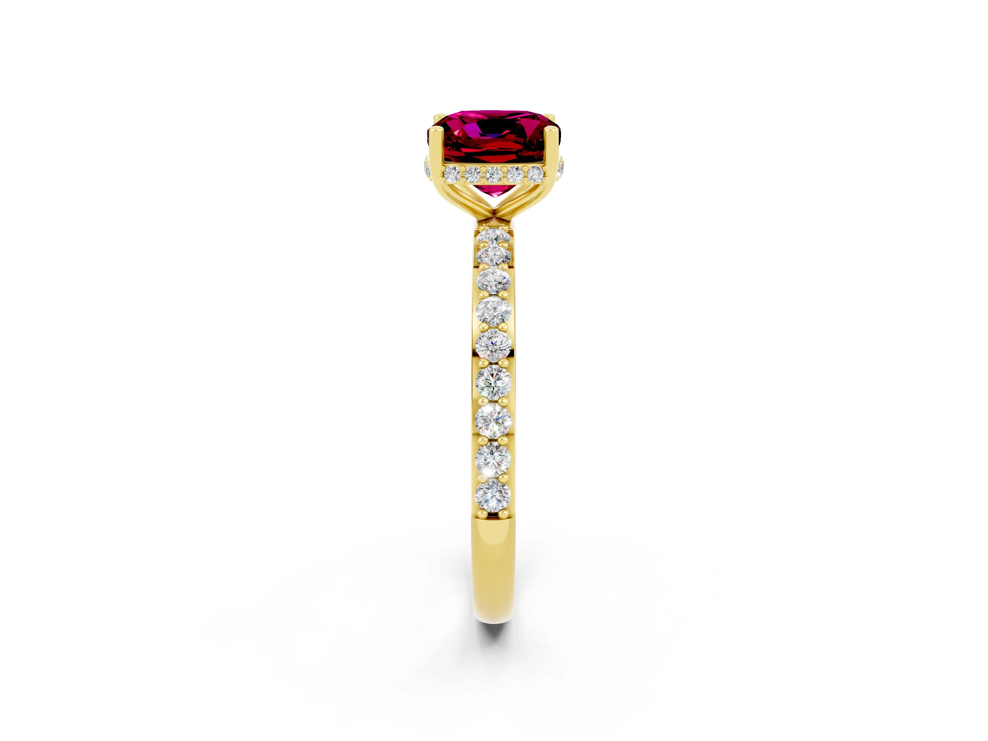 Yellow gold Cushion Cut Garnet Solitaire Ring with Pavé Band and Hidden Halo_14