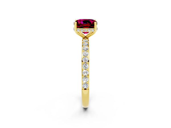 Yellow gold Cushion Cut Garnet Solitaire Ring with Pavé Band and Hidden Halo
