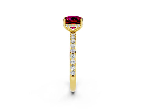 Yellow gold Cushion Cut Garnet Solitaire Ring with Pavé Band and Hidden Halo_14