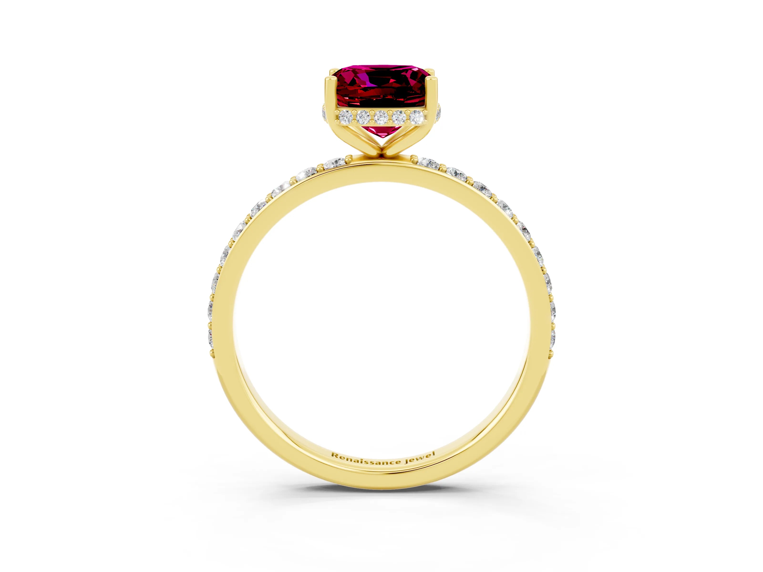 Yellow gold Cushion Cut Garnet Solitaire Ring with Pavé Band and Hidden Halo_15