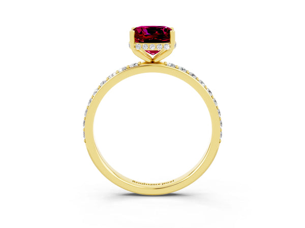 Yellow gold Cushion Cut Garnet Solitaire Ring with Pavé Band and Hidden Halo
