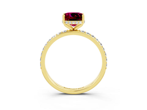 Yellow gold Cushion Cut Garnet Solitaire Ring with Pavé Band and Hidden Halo_15