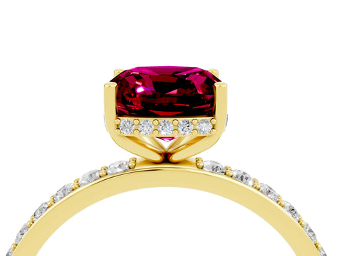 Yellow gold Cushion Cut Garnet Solitaire Ring with Pavé Band and Hidden Halo_16