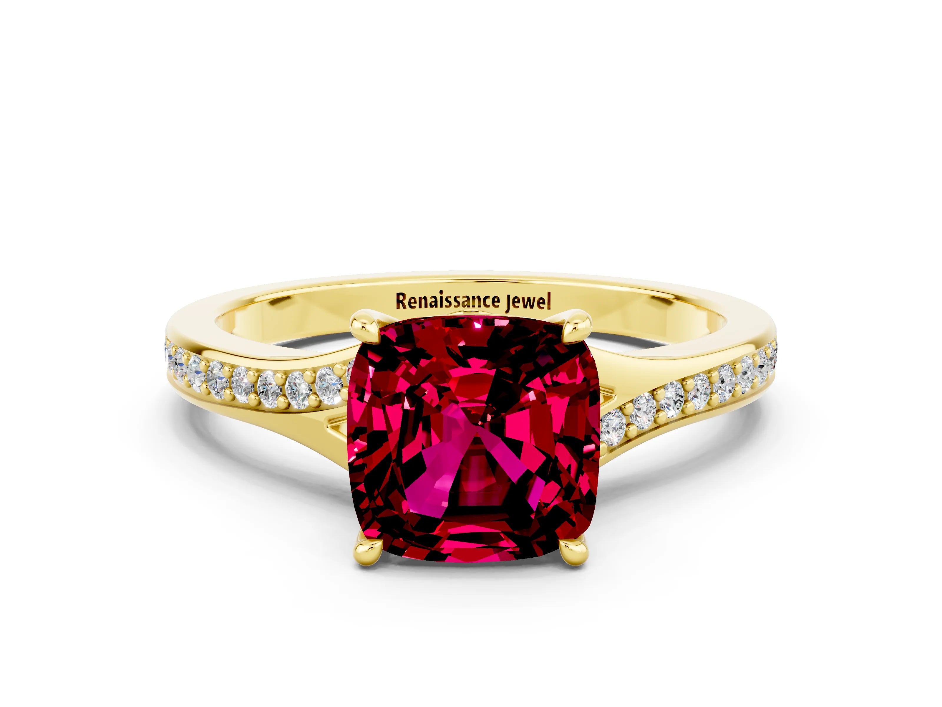 Yellow gold Cushion Cut Garnet Solitaire Ring with Pavé Band and Prong Setting