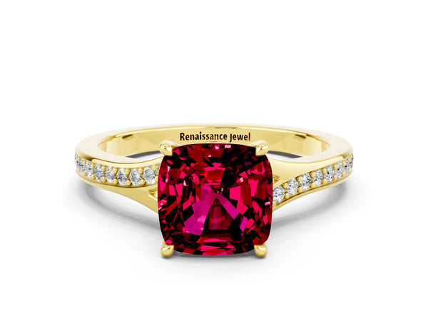 Yellow gold Cushion Cut Garnet Solitaire Ring with Pavé Band and Prong Setting