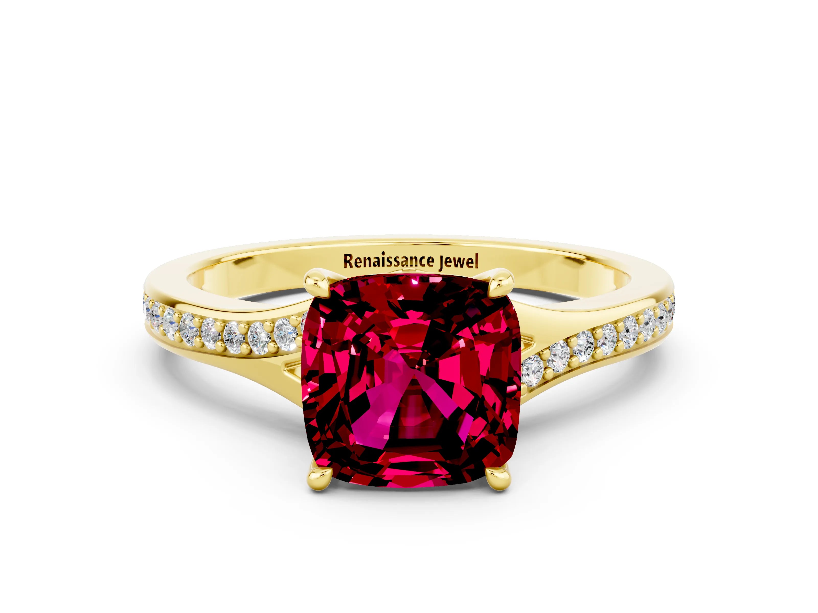Yellow gold Cushion Cut Garnet Solitaire Ring with Pavé Band and Prong Setting_12