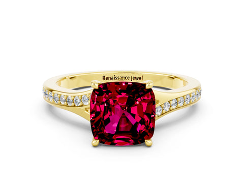 Yellow gold Cushion Cut Garnet Solitaire Ring with Pavé Band and Prong Setting_12
