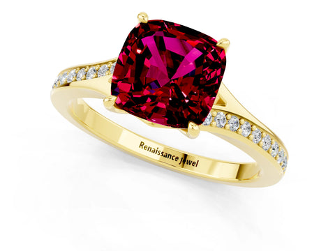 Yellow gold Cushion Cut Garnet Solitaire Ring with Pavé Band and Prong Setting_13