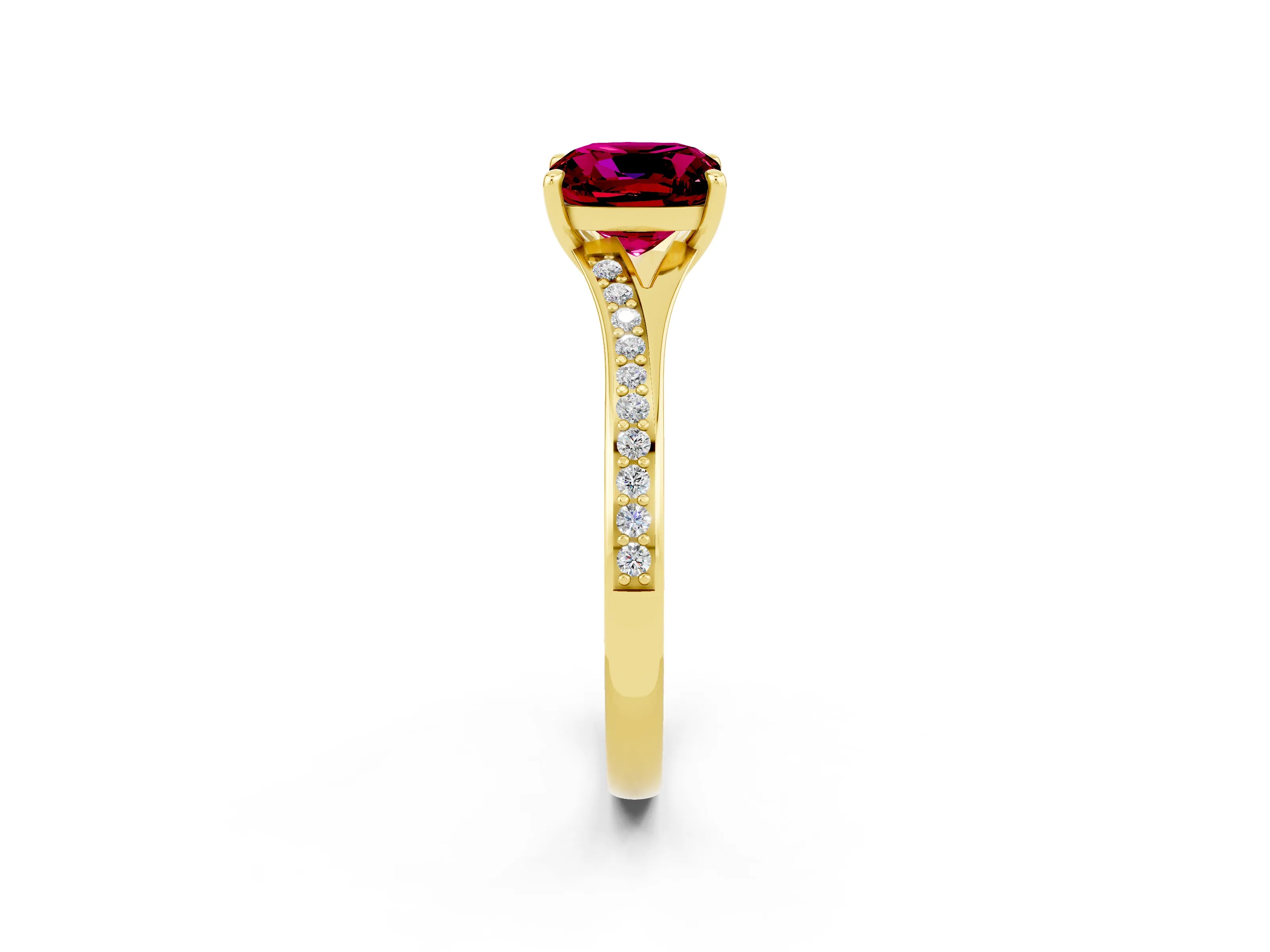 Yellow gold Cushion Cut Garnet Solitaire Ring with Pavé Band and Prong Setting_14