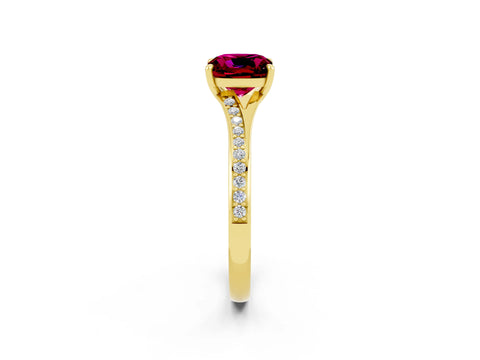 Yellow gold Cushion Cut Garnet Solitaire Ring with Pavé Band and Prong Setting_14