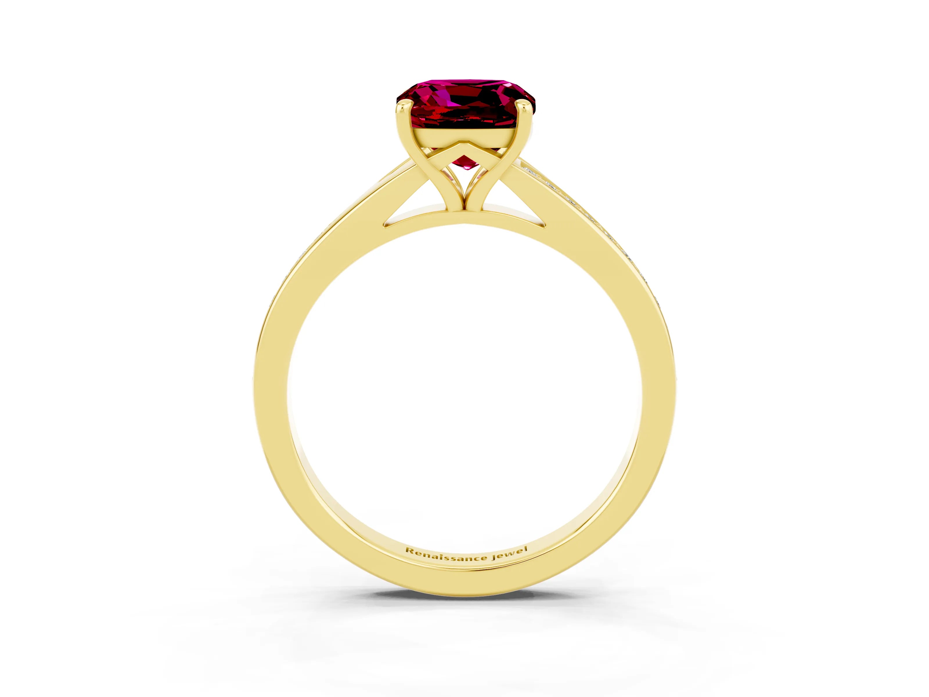 Yellow gold Cushion Cut Garnet Solitaire Ring with Pavé Band and Prong Setting_15