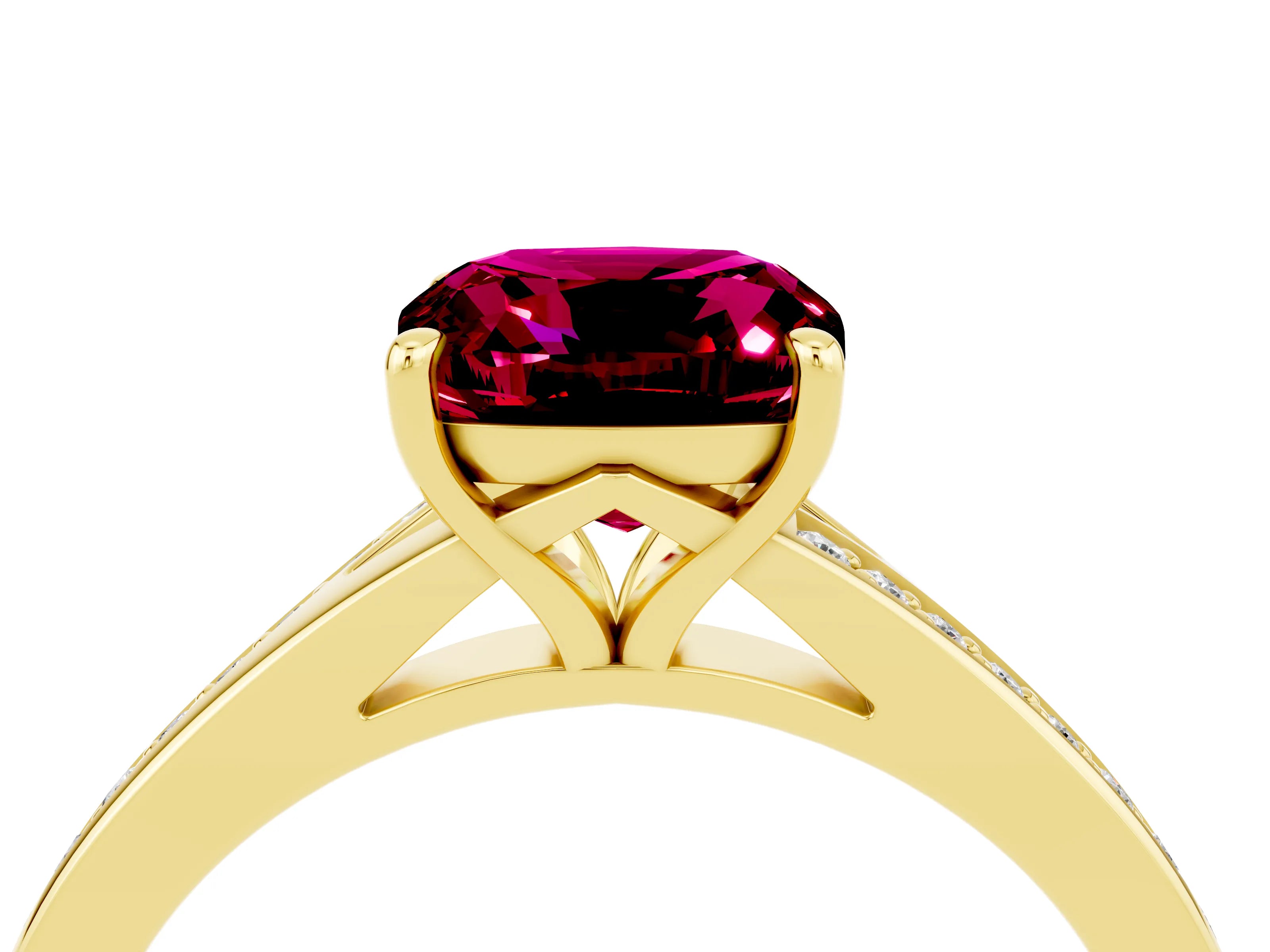 Yellow gold Cushion Cut Garnet Solitaire Ring with Pavé Band and Prong Setting_16