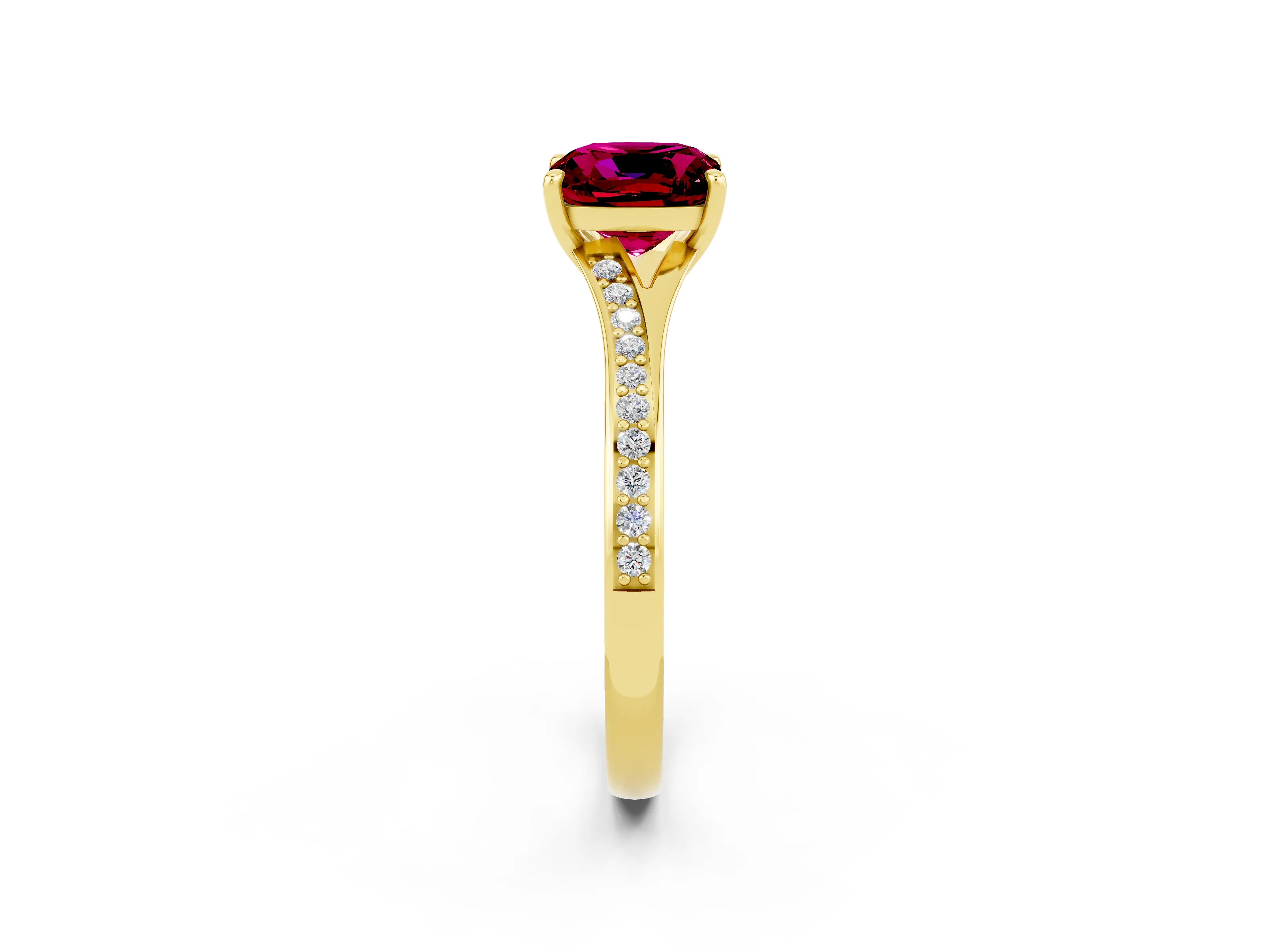 Yellow gold Cushion Cut Garnet Solitaire Ring with Pavé Band and Prong Setting_2