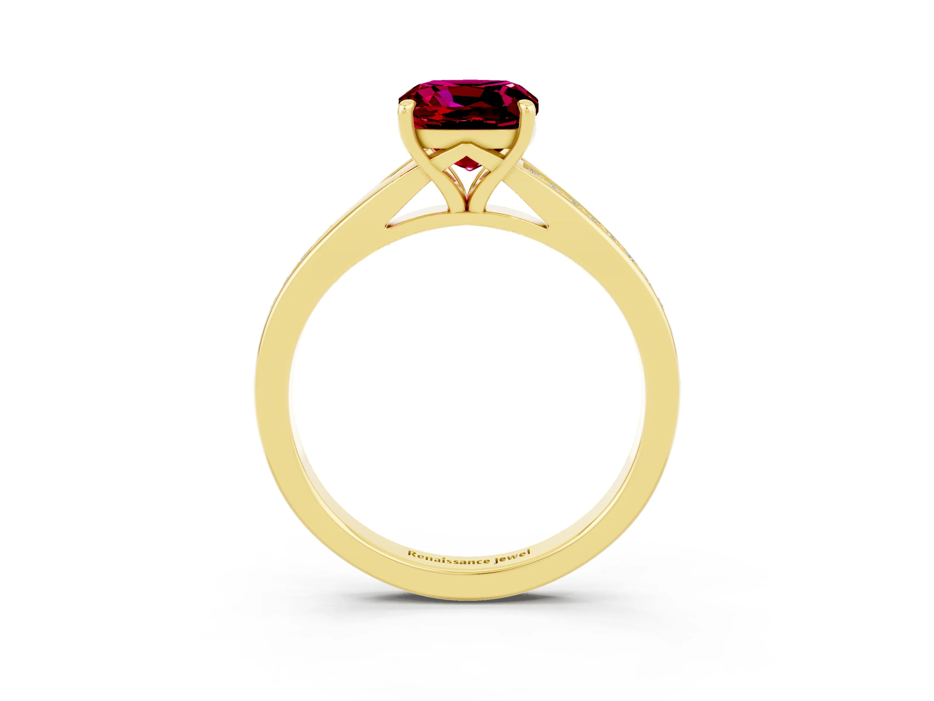 Yellow gold Cushion Cut Garnet Solitaire Ring with Pavé Band and Prong Setting_3