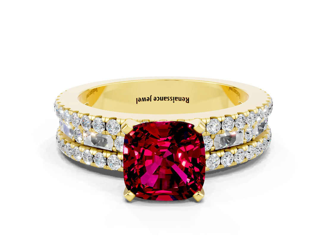 Yellow gold Cushion Cut Garnet Solitaire Ring with Pavé and Channel Set Band