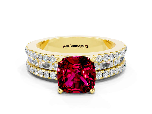 Yellow gold Cushion Cut Garnet Solitaire Ring with Pavé and Channel Set Band