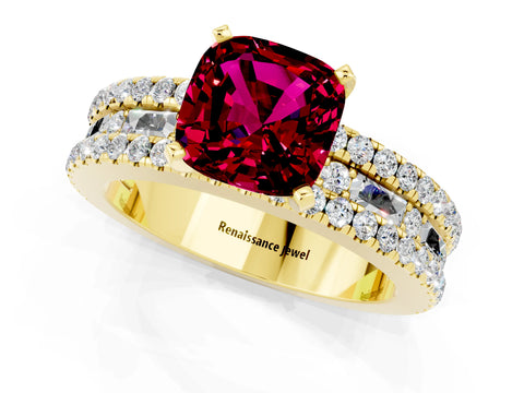 Yellow gold Cushion Cut Garnet Solitaire Ring with Pavé and Channel Set Band_1