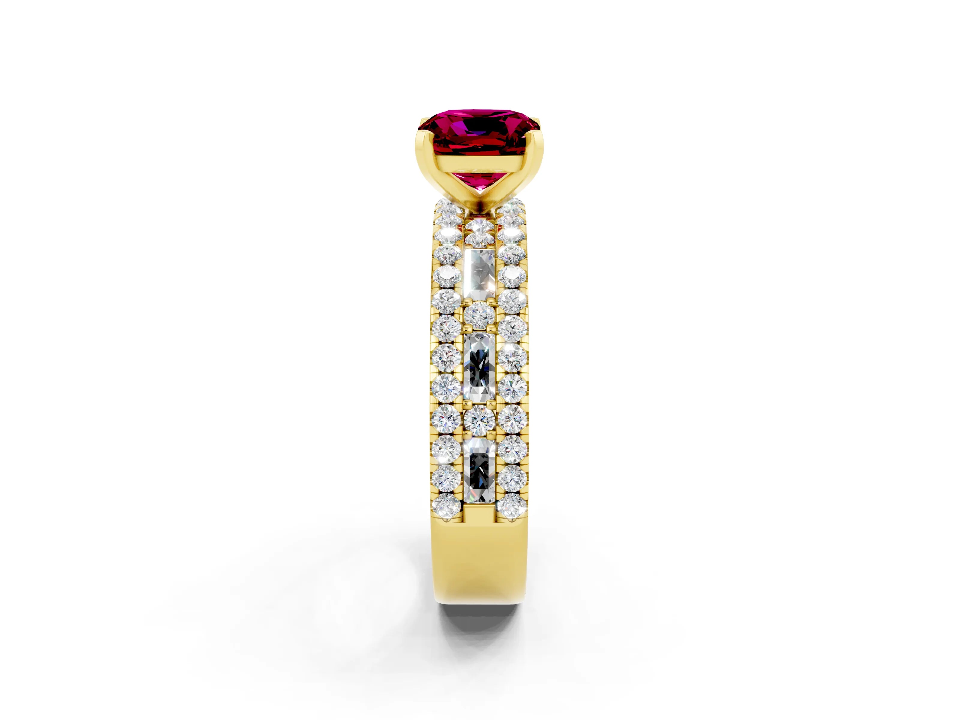 Yellow gold Cushion Cut Garnet Solitaire Ring with Pavé and Channel Set Band_2