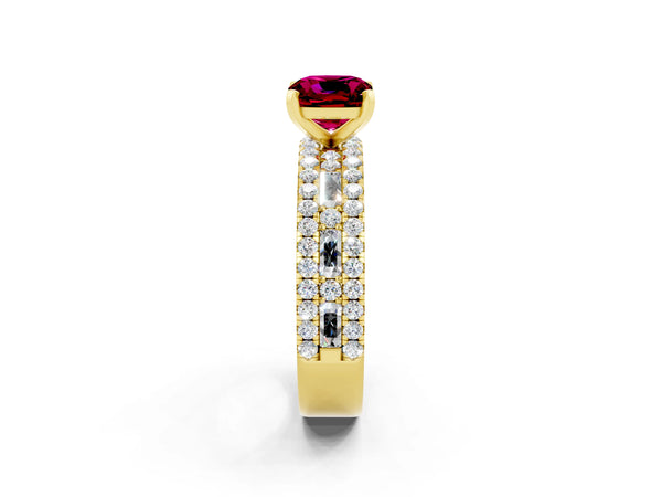 Yellow gold Cushion Cut Garnet Solitaire Ring with Pavé and Channel Set Band