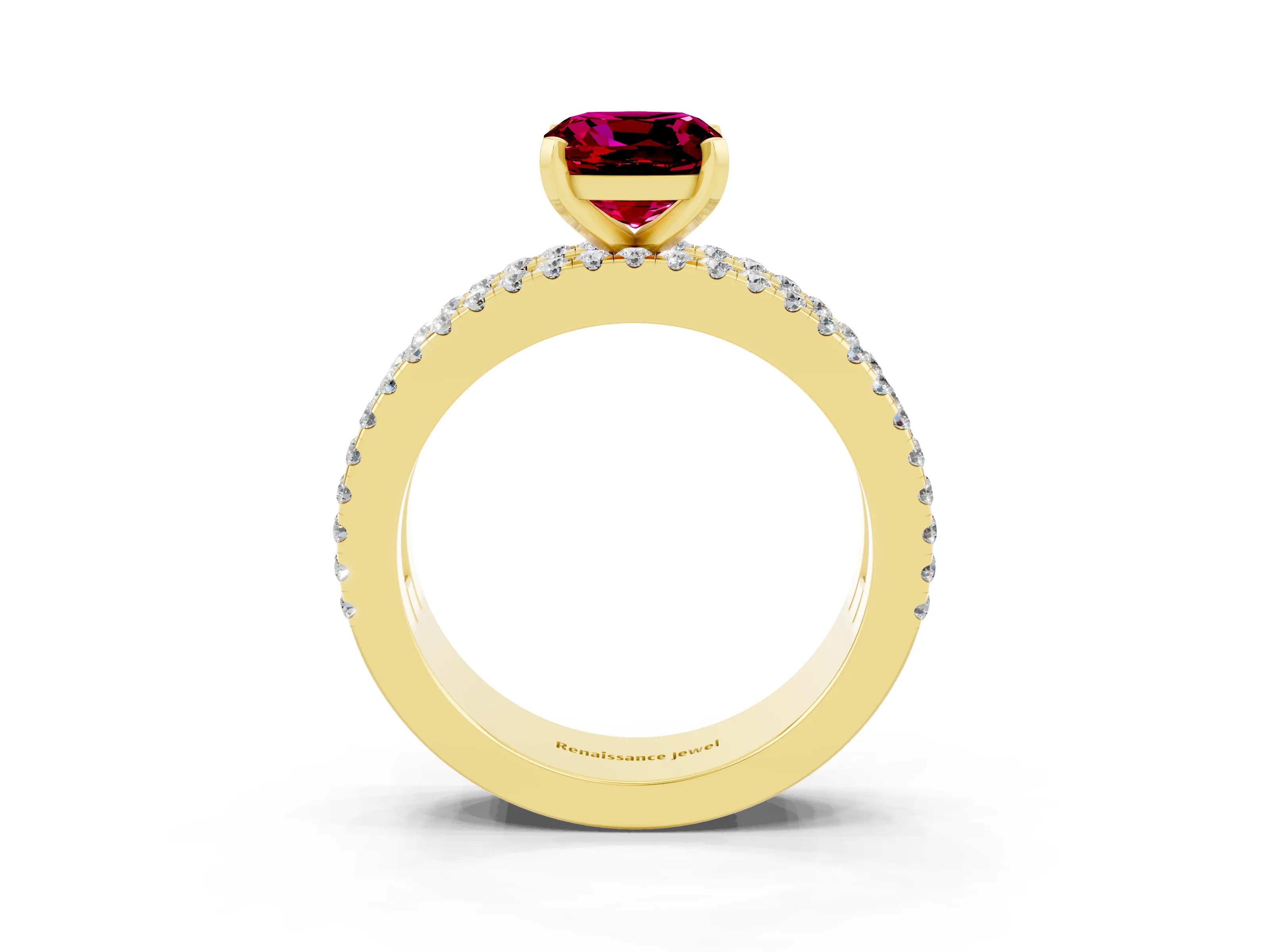 Yellow gold Cushion Cut Garnet Solitaire Ring with Pavé and Channel Set Band_3
