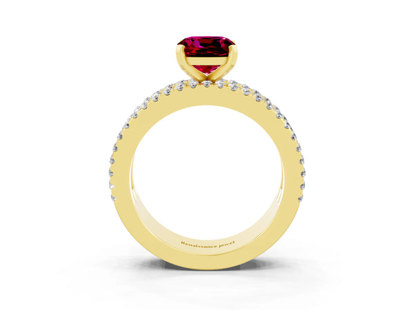 Yellow gold Cushion Cut Garnet Solitaire Ring with Pavé and Channel Set Band