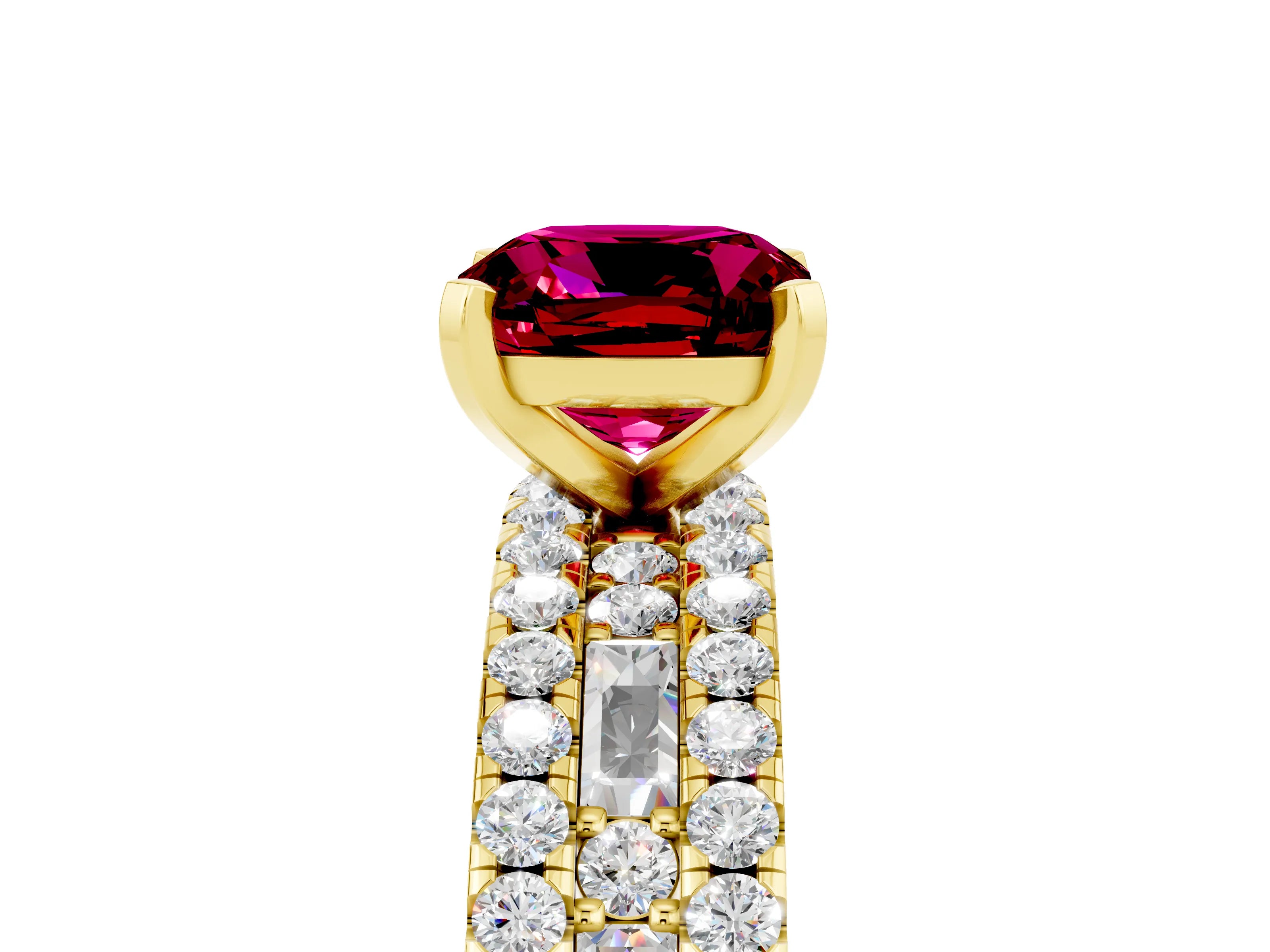 Yellow gold Cushion Cut Garnet Solitaire Ring with Pavé and Channel Set Band_5