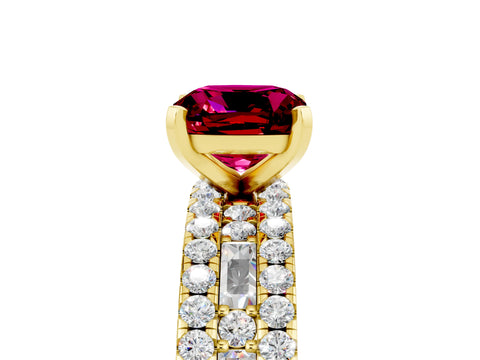 Yellow gold Cushion Cut Garnet Solitaire Ring with Pavé and Channel Set Band_5