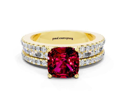 Yellow gold Cushion Cut Garnet Solitaire Ring with Pavé and Channel Set Band