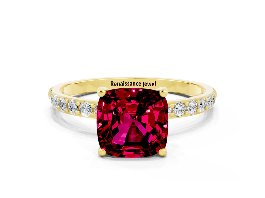 Yellow gold Cushion Cut Garnet Solitaire Ring with Pave Band and Four Prong Setting_24
