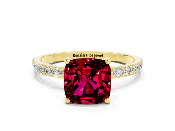 Yellow gold Cushion Cut Garnet Solitaire Ring with Round  Pavé Band and Prong Setting