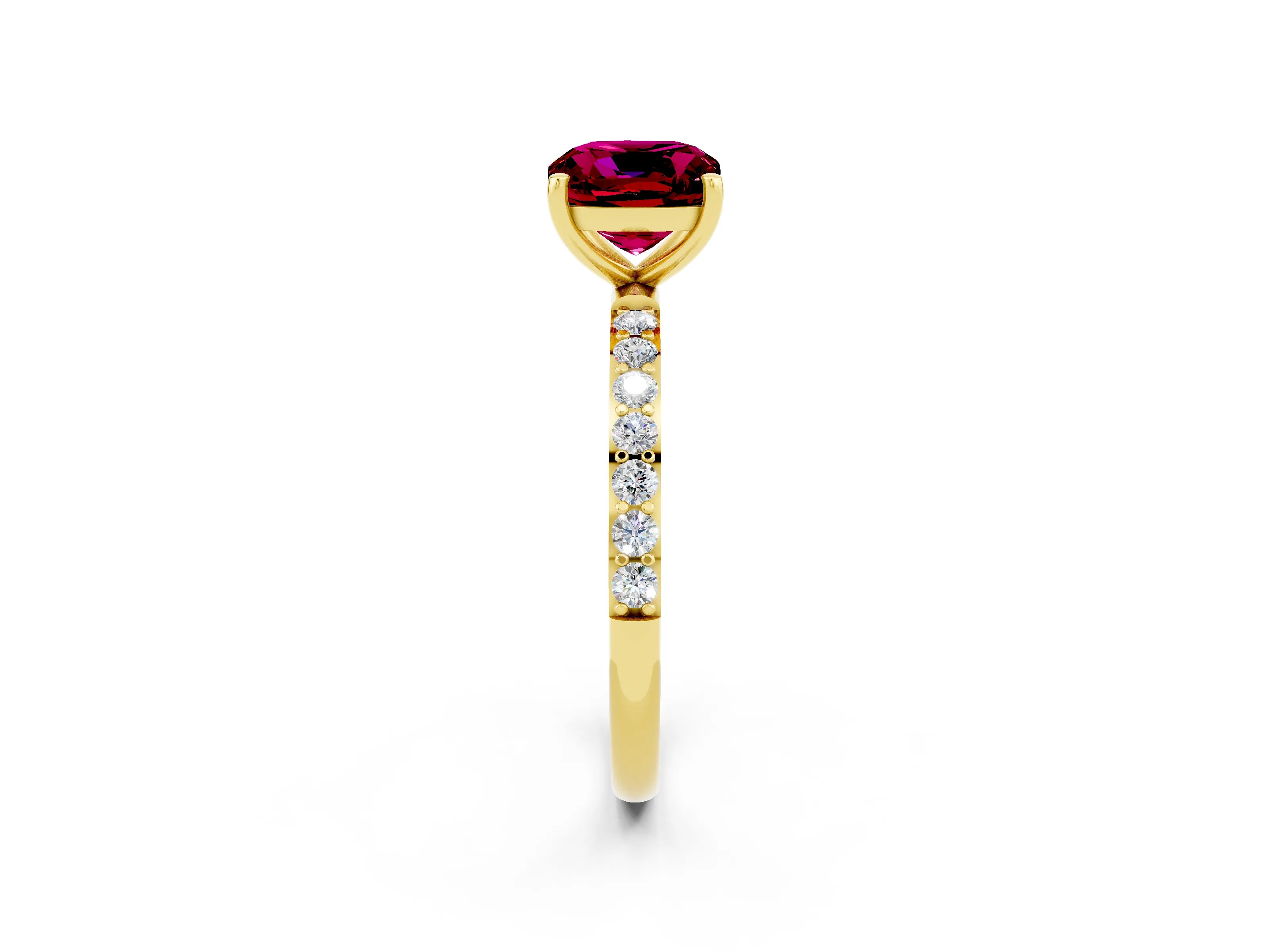 Yellow gold Cushion Cut Garnet Solitaire Ring with Pave Band and Four Prong Setting_26