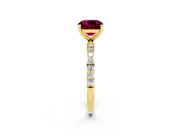 Yellow gold Cushion Cut Garnet Solitaire Ring with Round  Pavé Band and Prong Setting