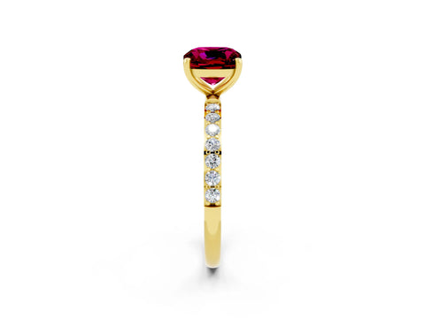 Yellow gold Cushion Cut Garnet Solitaire Ring with Pave Band and Four Prong Setting_26