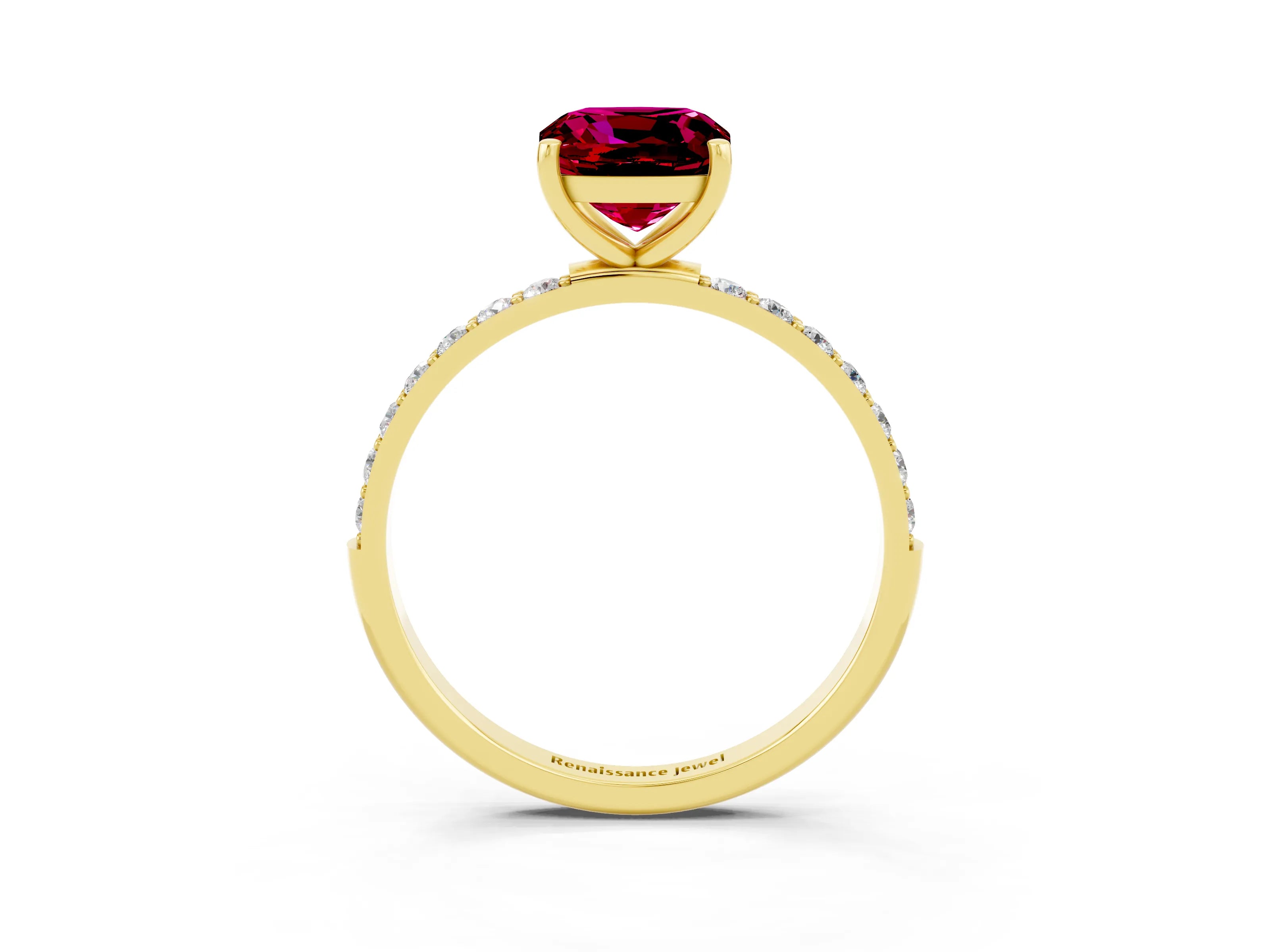 Yellow gold Cushion Cut Garnet Solitaire Ring with Pave Band and Four Prong Setting_27
